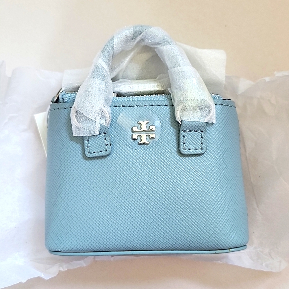 NWT TORY BURCH Mini Robinson Double Zip Leather Tote Key Fob Bag Charm Blue
